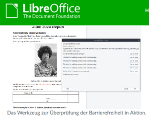Ausschnitt Bildschirmfoto von libreoffice.org zeigt Dialogfenster zur Überprüfung der Barrierefreiheit.