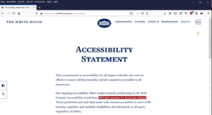 Screenshot der Erklärung zur Barrierefreiheit auf der Website des Weißen Hauses. Textausschnitt übersetzt im Text dieses Artikels.