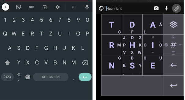 Screenshot zeigt die Android-Tastaturen Gboard und Thumb-Key nebeneinander